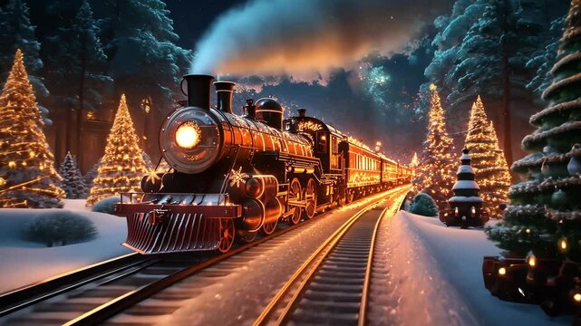 Experience a magical winter train ride through a snowcovered forest, illuminated by twinkling lights and stars, offering a breathtaking night view filled with joy and holiday spirit