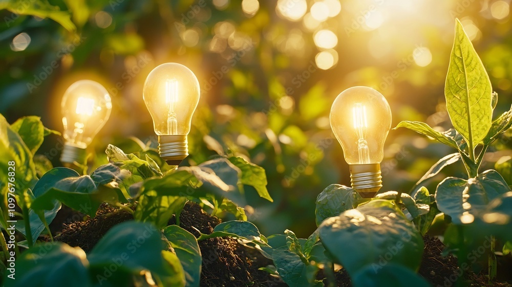 Aufkleber harmonious blend of technology and nature with glowing light bulbs embedded in the soil illuminating