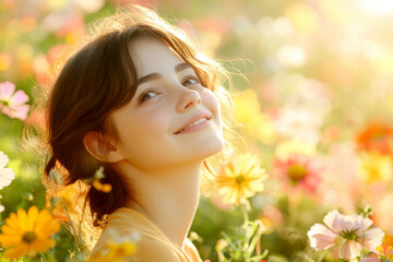 Fototapeta premium A positive, smiling girl sitting on a sunlit meadow . AI generative.