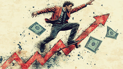 Fototapeta premium stylized illustration of a businessman skateboarding up a red arrow that represents financial growth. Dollar bills are scattered around him,
