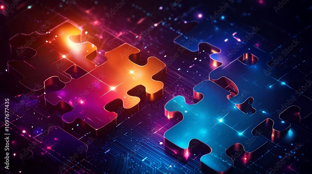Poster interconnected glowing puzzle pieces with vibrant neon hues and circuit patterns symbolizing innovat