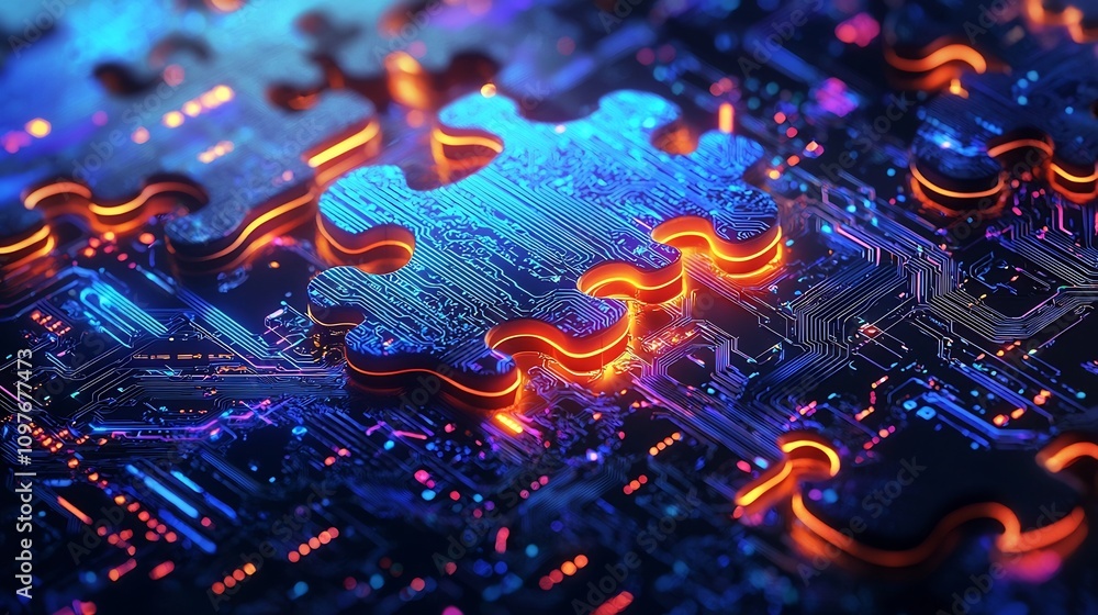 Poster interconnected neon lit puzzle pieces in a vibrant futuristic digital abstract design with circuit i