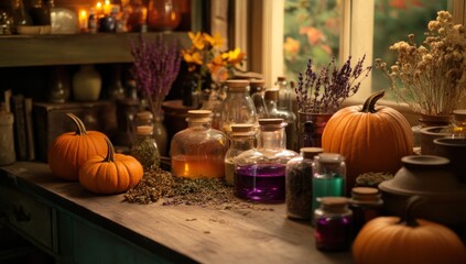 Autumnal Still Life with Pumpkins and Apothecary Jars
