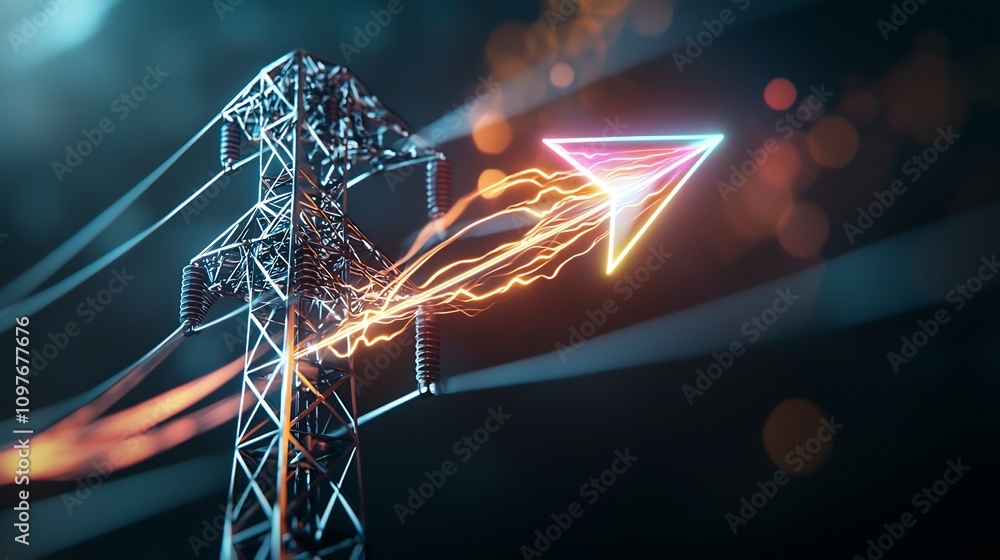 Poster intricate transmission towers supporting multiple power cables enhanced by a glowing arrow bursting 
