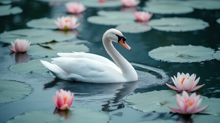 A serene swan gliding through a pond surrounded by pink lilies.