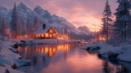 Fototapeta premium serene winter scene featuring a snow-covered landscape illuminated by soft, ambient light with ample empty space, perfect for overlaying text, evoking tranquility, nostalgia, and seasonal joy