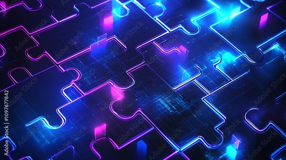 Poster luminous interconnected puzzle pieces in vibrant neon digital abstract background showcasing modern 