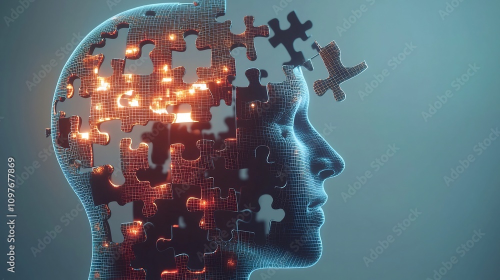 Poster luminous puzzle piece featured within a human head outline representing the concept of mental health