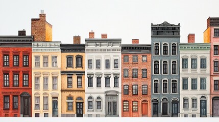 Fototapeta premium A detailed view of urban downtown buildings with artistic facades and historical designs.