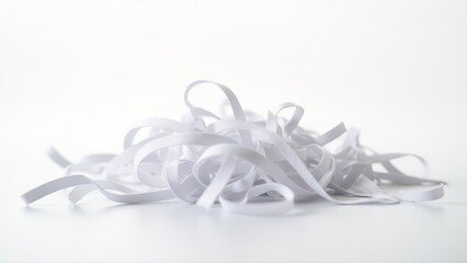 Naklejka premium Shredder for document security. White paper strips curl atop a shredder’s open bin, set against a soft-focus white background, conveying office organization. 