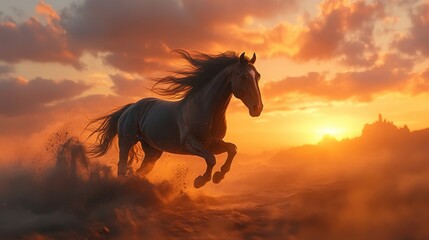 Majestic Wild Horse Galloping Through Desert at Sunset with Dramatic Sky and Vibrant Colors