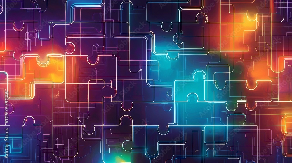 Poster neon lit puzzle pieces interconnected in a futuristic style with vibrant colors of blue orange and p