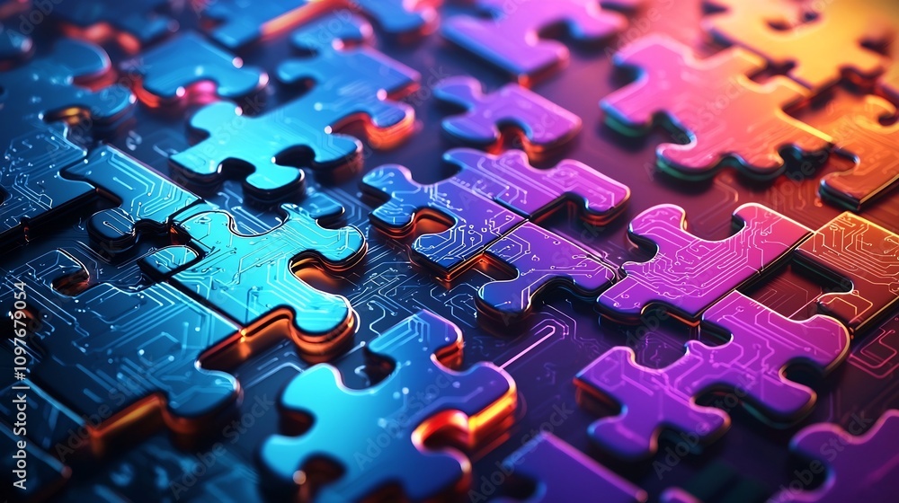 Poster neon lit puzzle pieces interconnected in a futuristic style with vibrant colors of blue orange and p