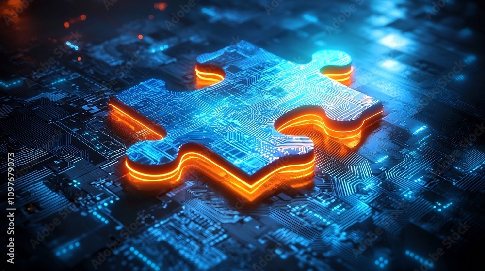 Poster neon lit puzzle pieces with intricate circuit designs connected in a vibrant futuristic style illumi