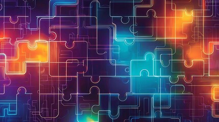 Obraz premium Neon lit puzzle pieces interconnected in a futuristic style with vibrant colors of blue orange and purple and circuit inspired patterns on a glowing abstract background