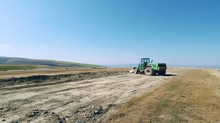 Green grader working on a large dirt construction site