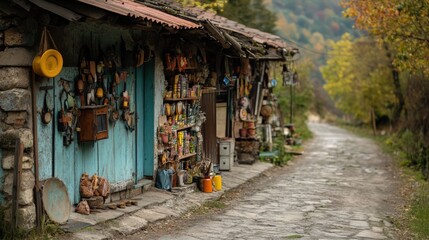 Obraz premium Charming Rustic Shop on a Serene Country Road Surrounded by Lush Nature and Vibrant Autumn Foliage, Perfect for Evoking Nostalgia and Tranquility