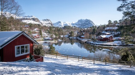 Naklejka premium Scenic Winter Village Snow Covered Red Houses Mountain Lake Norway