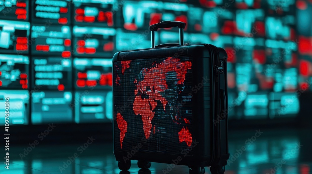Poster travel restrictions protect global health. a sleek suitcase with a world map design is set against a