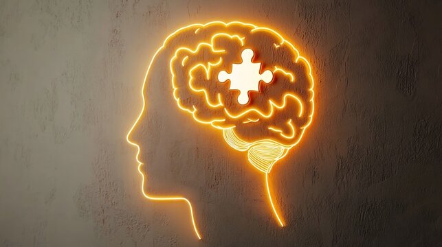 Radiant puzzle piece glowing within the minimal outline of a human head symbolizing the connection between mental health awareness and the creative potential of the mind  This abstract