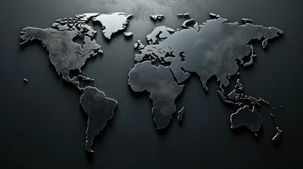 A sleek, metallic world map shines against a dark backdrop, highlighting global connectivity and modern aesthetics.