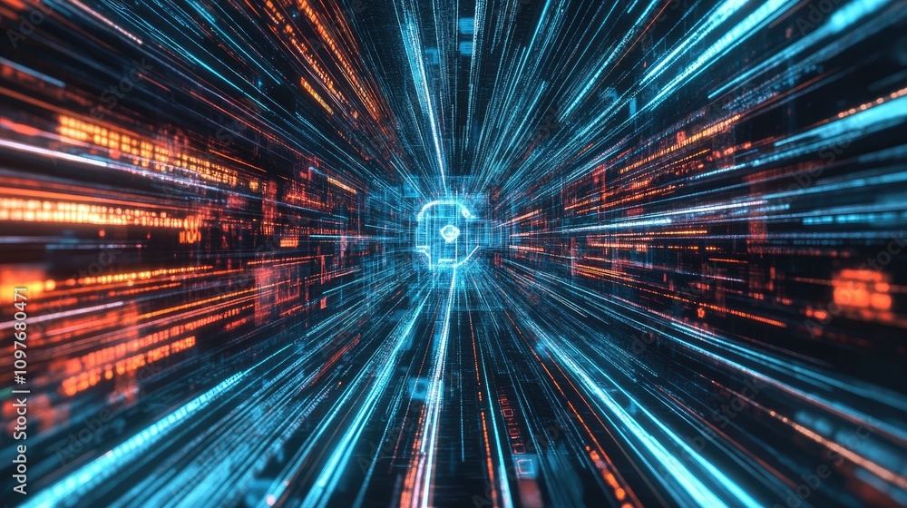 Poster futuristic digital data stream with vibrant blue and orange lights depicting secure data transfer.