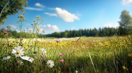 Beautiful Meadow with Colorful Wildflowers and Blue Sky Background