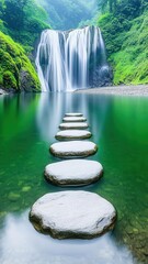 Artistic portrayal of a symmetric waterfall split into equal streams, reflecting emerald surroundings