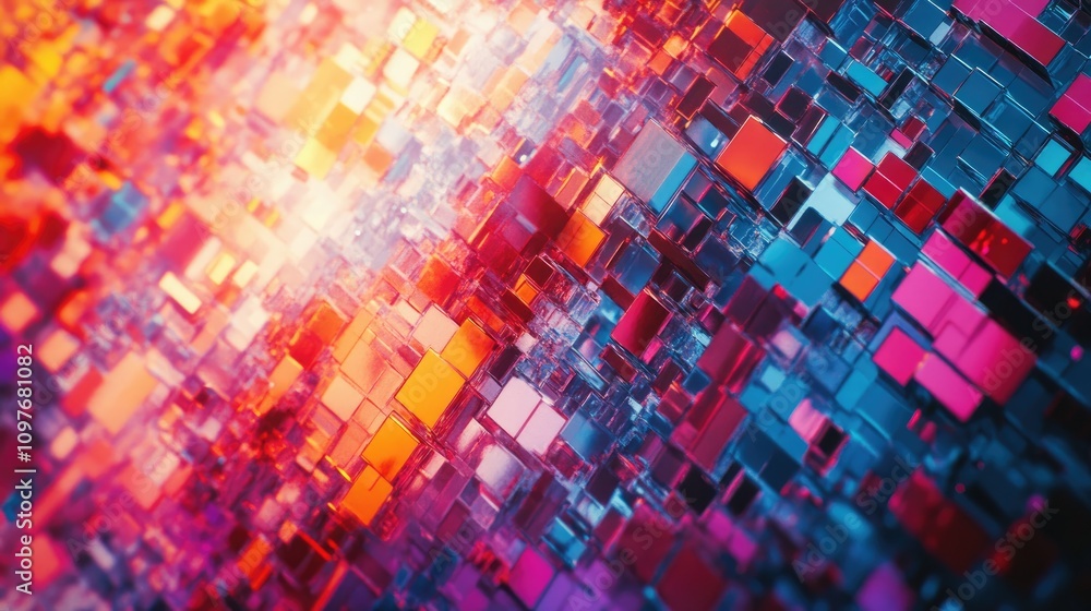 Poster an abstract composition of reflective cubes in vibrant hues of red, pink, and blue, creating a dynam