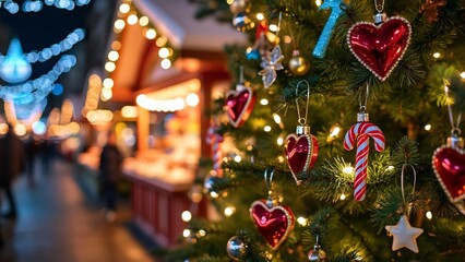 Obraz premium Close-up of Festive Christmas Tree with Heart Ornaments, City Market Background