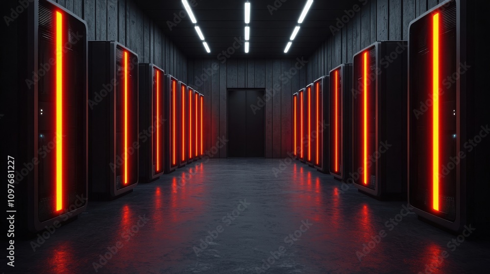 Poster travel restrictions protect global health. a dimly lit corridor lined with glowing red server racks,