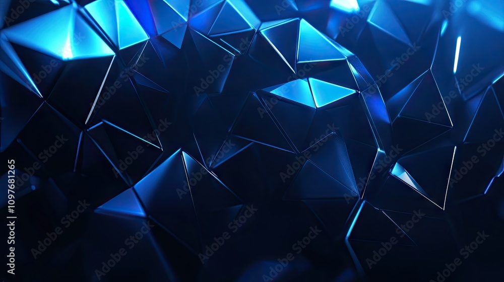Poster A mesmerizing abstract background featuring dynamic blue triangular shapes reflecting light.