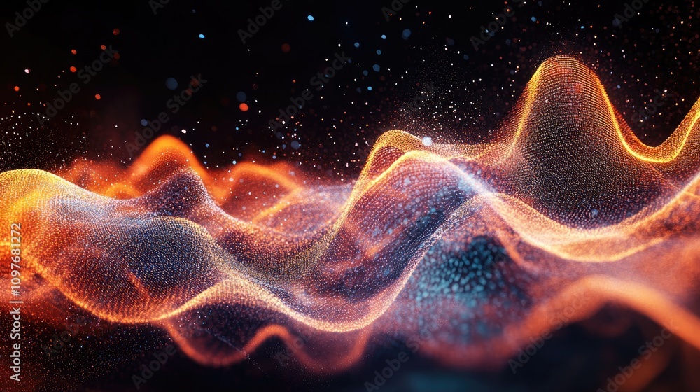 Poster a mesmerizing abstract wave pattern in vibrant orange and blue hues, creating a dynamic and ethereal