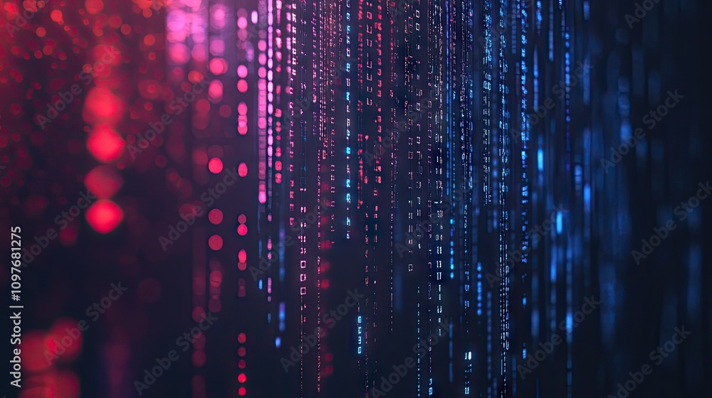 Poster abstract digital data streams in red and blue, creating a vibrant, futuristic backdrop.