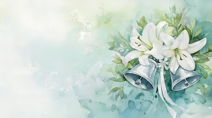 Romantic watercolor design featuring silver wedding bells adorned with soft white lilies and lush green foliage tied together with a delicate white ribbon on a bright ethereal backdrop  A beautiful