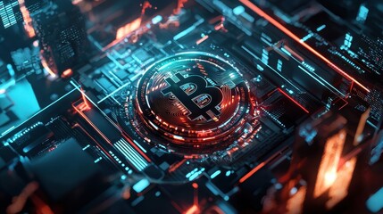 Fototapeta premium Futuristic Bitcoin Cryptocurrency Concept with Neon Circuitry Design