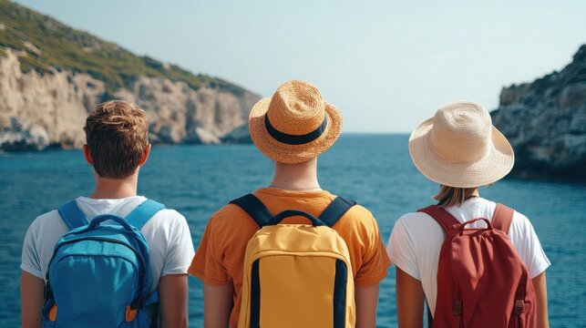 Travel restrictions protect global health. Three travelers stand by the sea, gazing at the horizon in sunny weather, each wearing vibrant backpacks and straw hats against a scenic coastal backdrop.