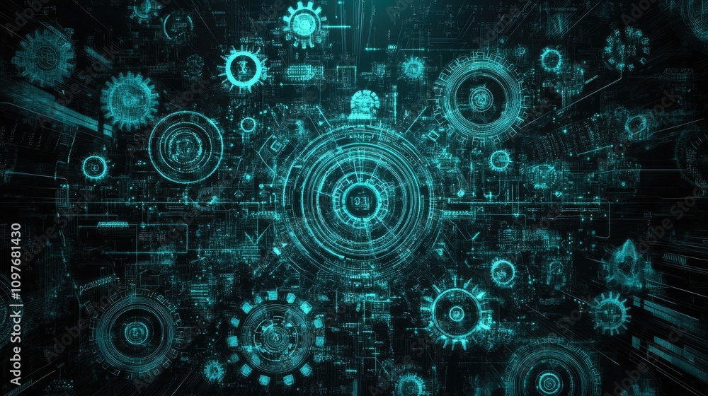 Poster abstract digital technology background featuring intricate gears and circuit patterns in vibrant tur