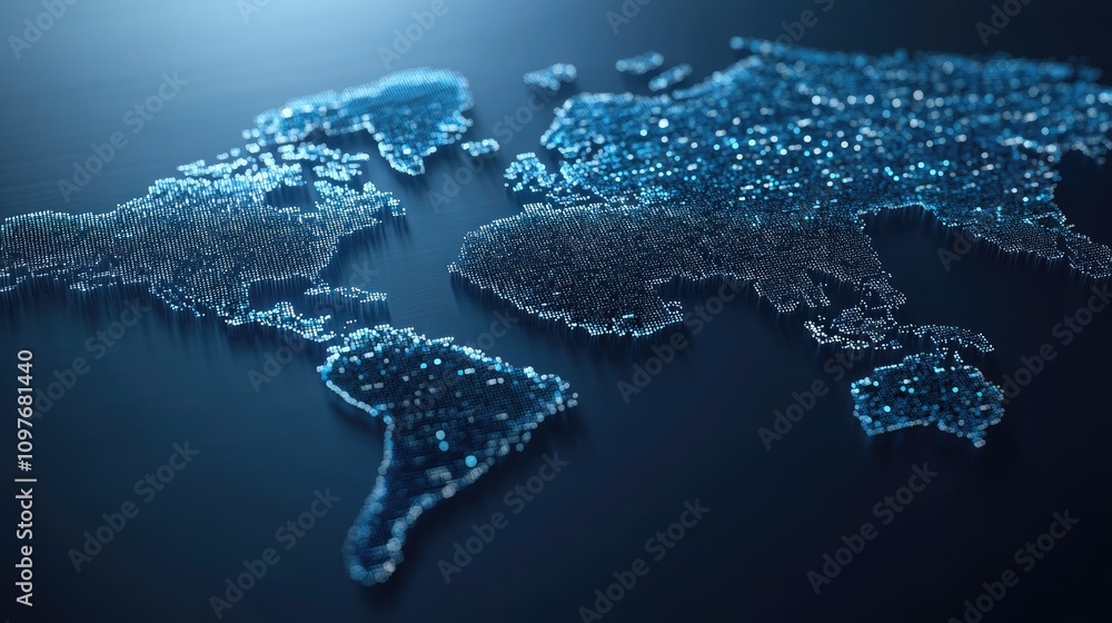 Poster abstract 3d representation of a world map with glowing blue dots, symbolizing digital connectivity a