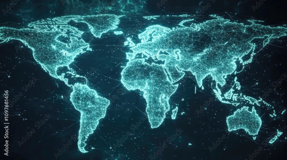 Poster a digital world map illuminated in neon blue, showcasing interconnected nodes and lines that represe
