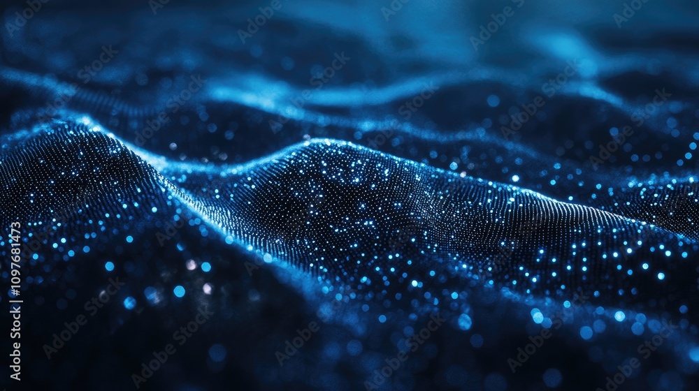 Poster an abstract wave of shimmering blue digital particles creating a deep oceanic illusion.