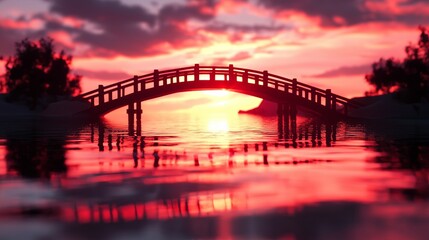 Naklejka premium Minimalist bridge silhouette over calm waters at sunset. 