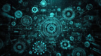 Obraz premium Abstract digital technology background featuring intricate gears and circuit patterns in vibrant turquoise hues.