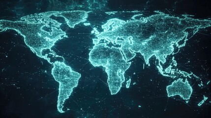 A digital world map illuminated in neon blue, showcasing interconnected nodes and lines that represent global connectivity.