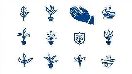 Fototapeta premium Set of 15 linear minimalist icons depicting various plant growth and gardening elements such as leaves sprouts buds potted plants and hands in a clean editable design