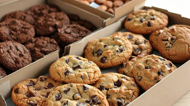 Freshly baked cookies displayed in a bakery box during a cozy afternoon gathering with friends