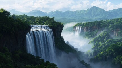 Fototapeta premium Majestic waterfall cascades down cliffside lush forest scenic view nature