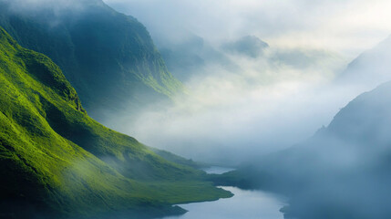Fototapeta premium Serene High Angle View of a Tropical Forest Waterfall Surrounded by Lush Greenery and Mystical Mist Amidst a Tranquil Rainy Atmosphere