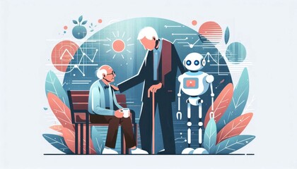 Illustration of elderly man sitting on a bench with robot companion, exploring the concept of companionship and technology in senior care lifestyle. 