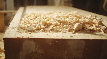 MDF chipboard made from compressed sawdust showing a chaotic texture symbolizing the transformation of raw materials into structured surfaces for construction or furniture